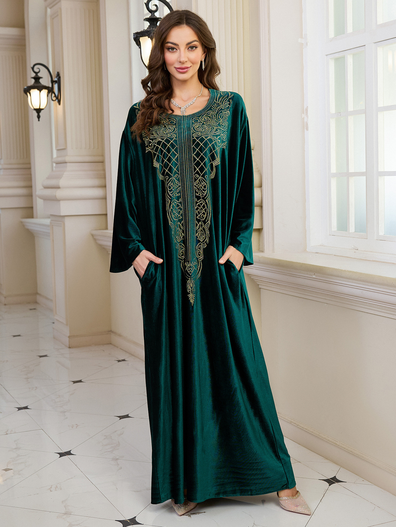 Elegant Embroidered Kaftan Dress Beach Bathing Suit Cover up Long Maxi Dress